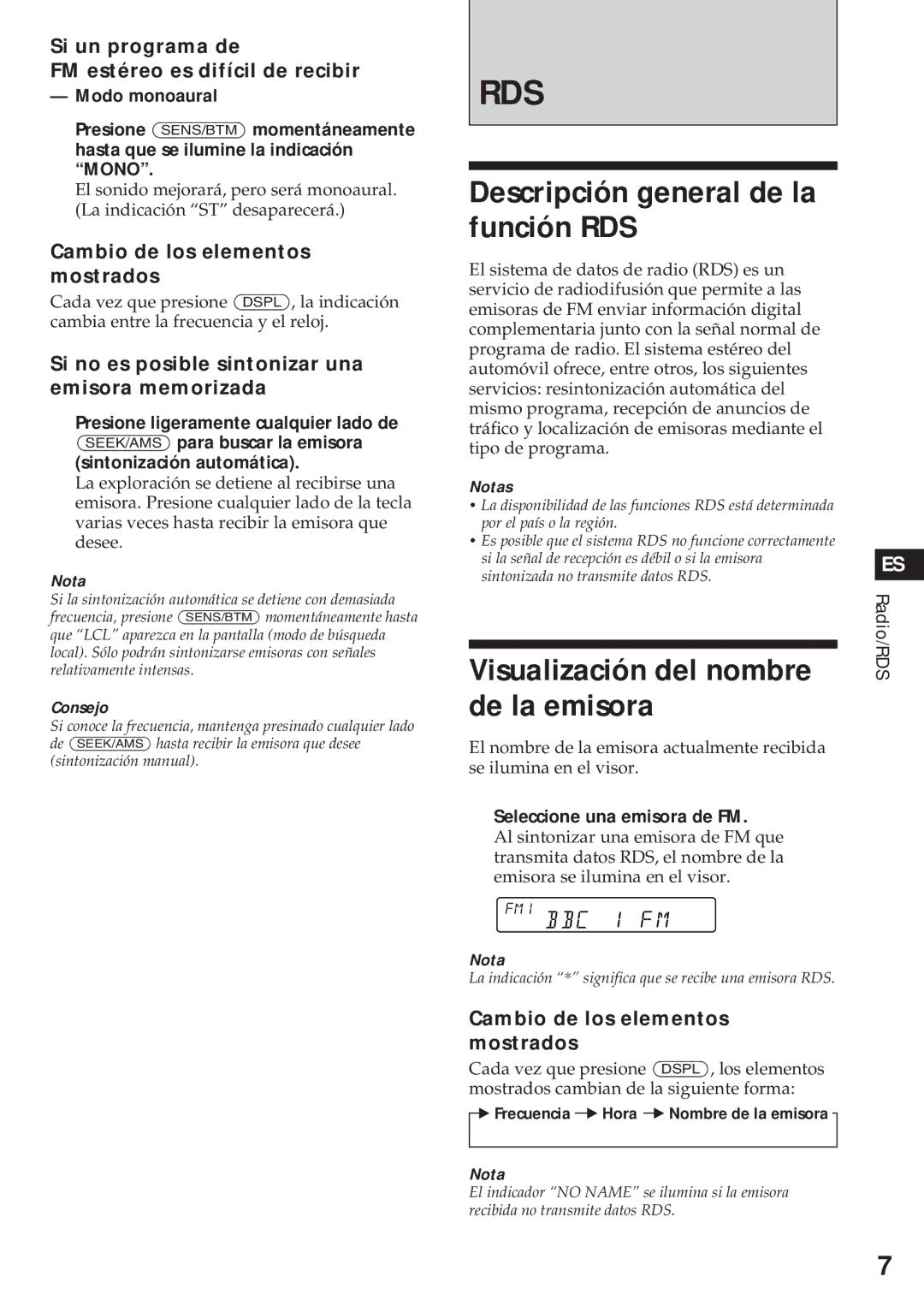 Sony XR-4740RDS operating instructions Descripción general de la función RDS, Visualización del nombre de la emisora 