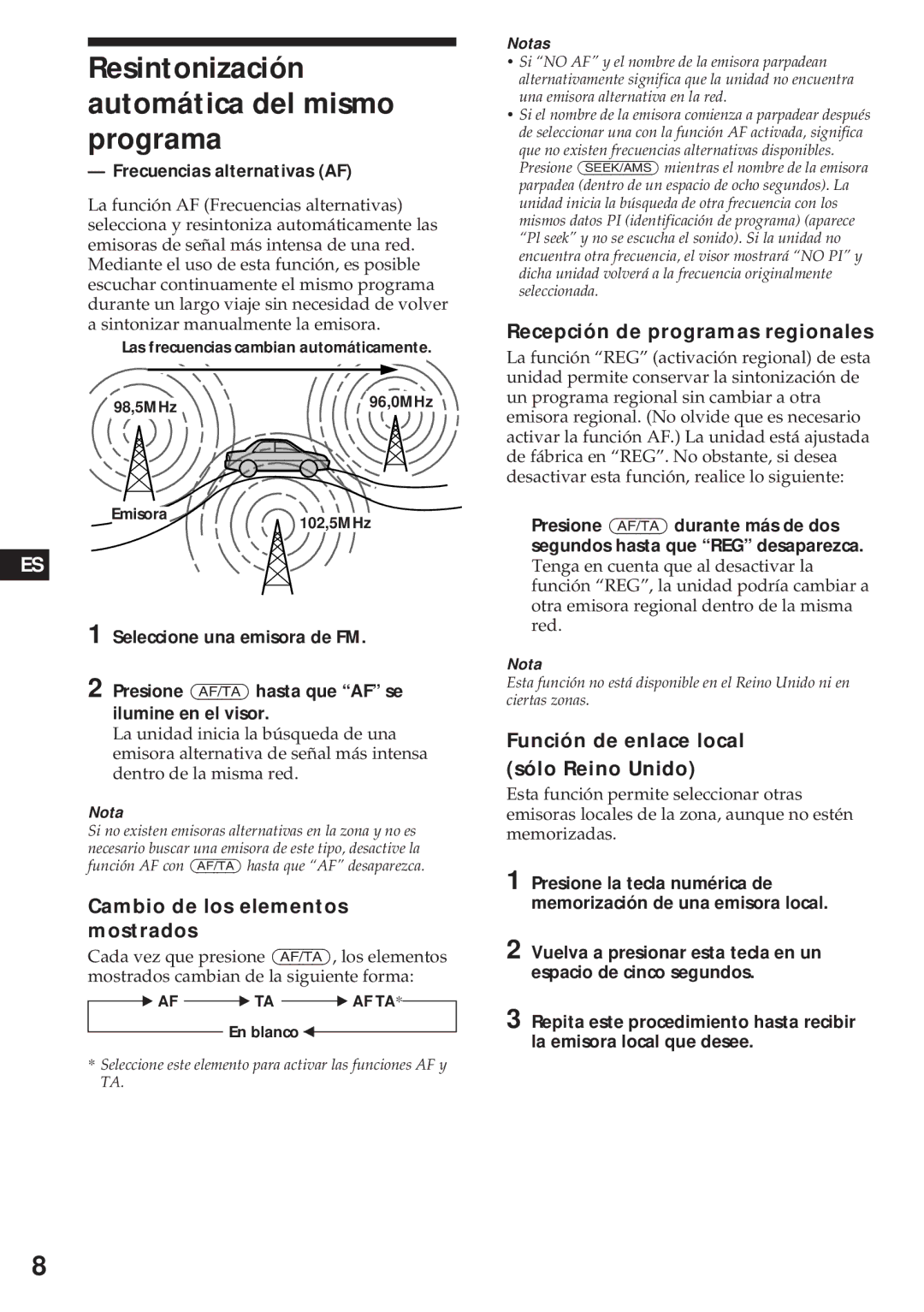 Sony XR-4740RDS operating instructions Resintonización automática del mismo programa, Frecuencias alternativas AF 