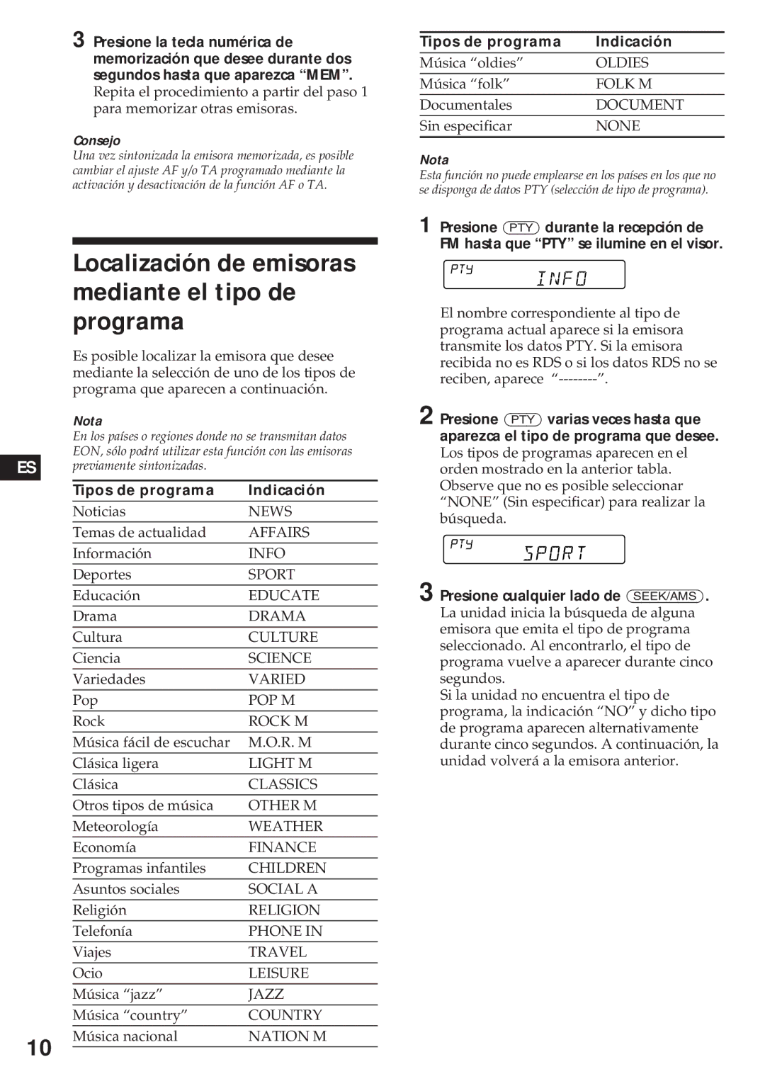 Sony XR-4740RDS operating instructions Localización de emisoras mediante el tipo de programa, Tipos de programa Indicación 