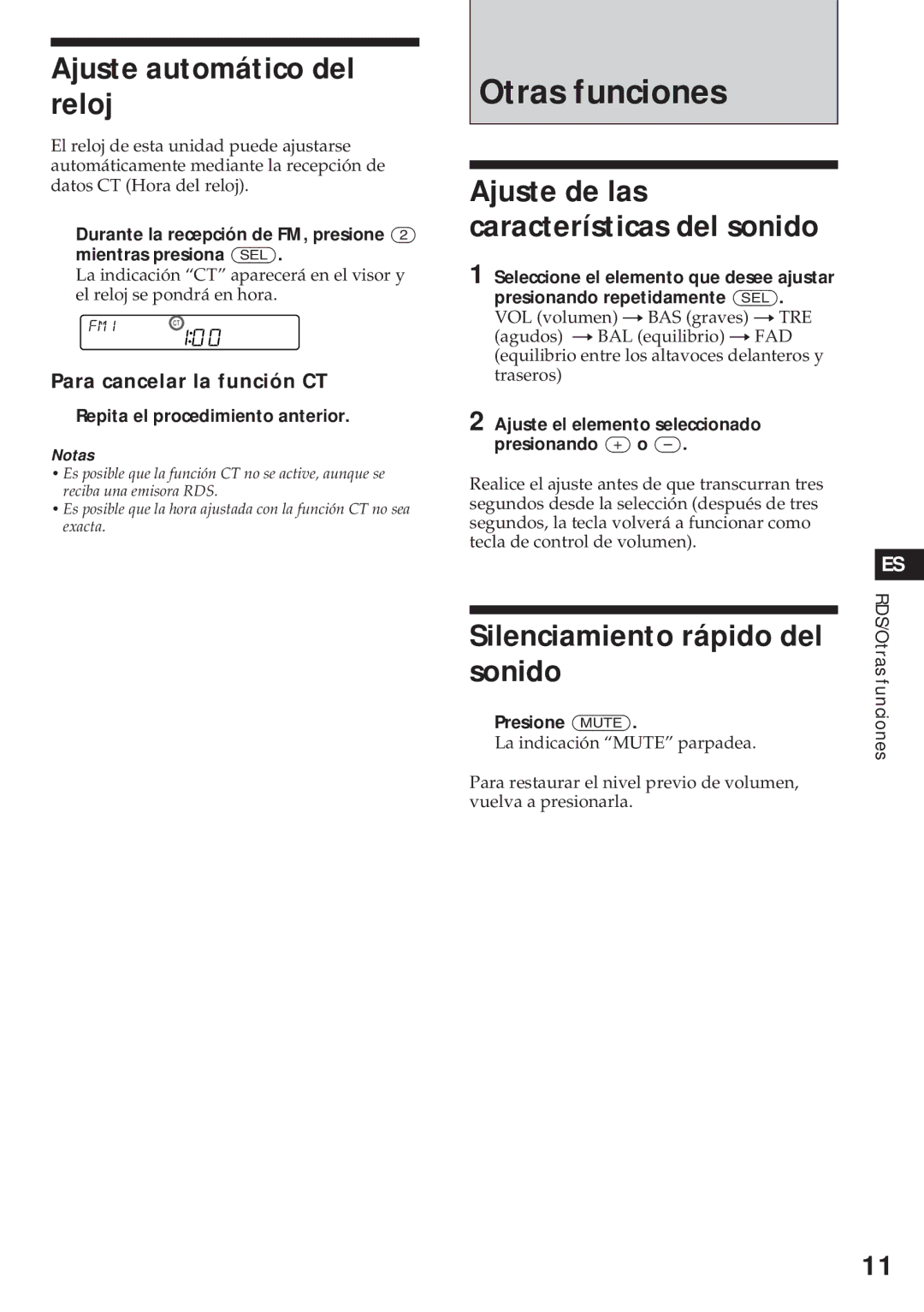 Sony XR-4740RDS operating instructions Otras funciones, Ajuste automático del reloj, Silenciamiento rápido del sonido 