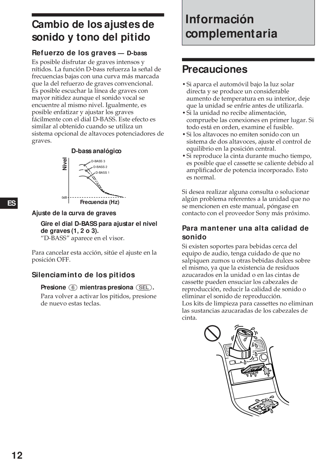 Sony XR-4740RDS Precauciones, Cambio de los ajustes de sonido y tono del pitido, Refuerzo de los graves D-bass 