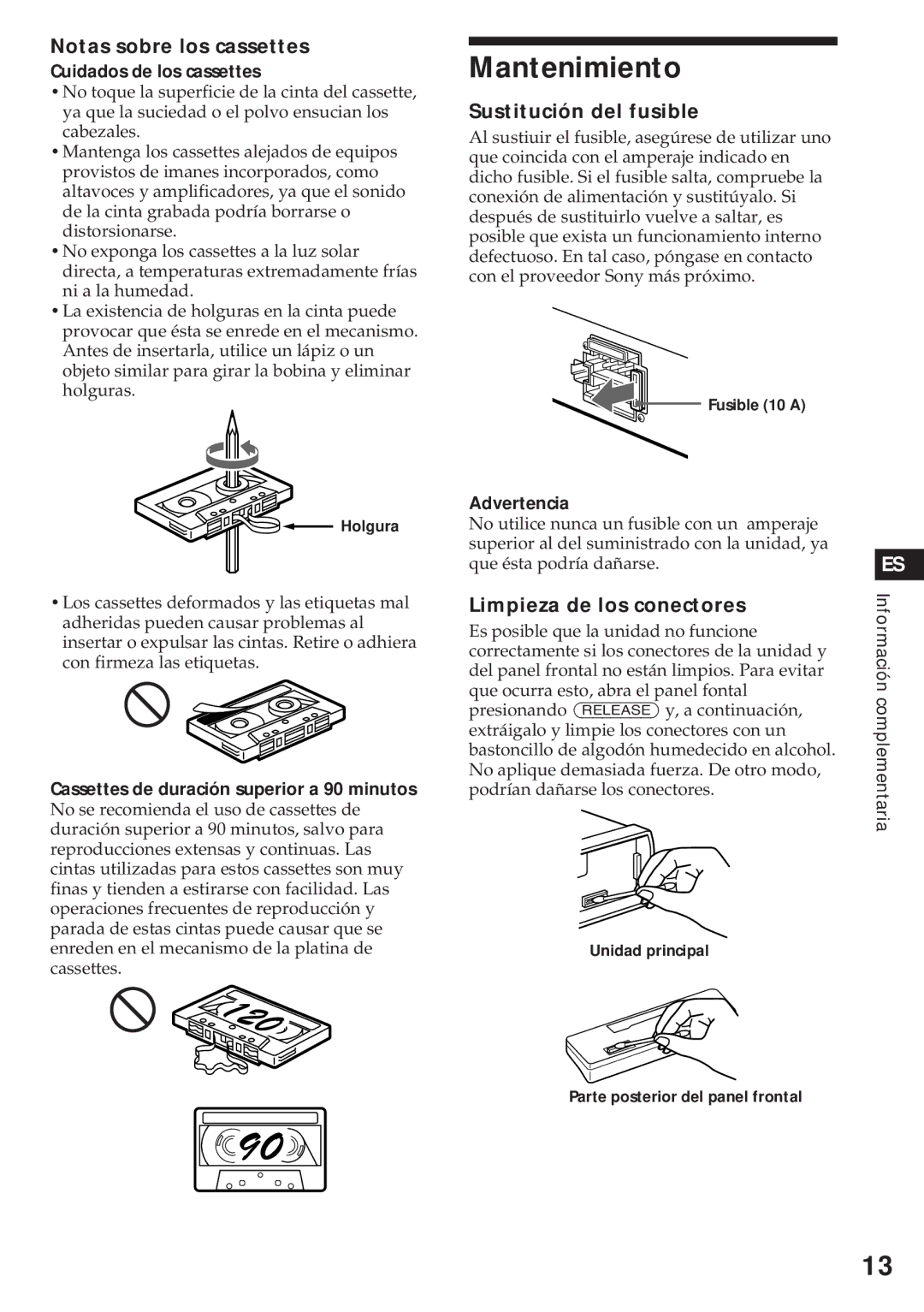 Sony XR-4740RDS Mantenimiento, Notas sobre los cassettes, Sustitución del fusible, Limpieza de los conectores 