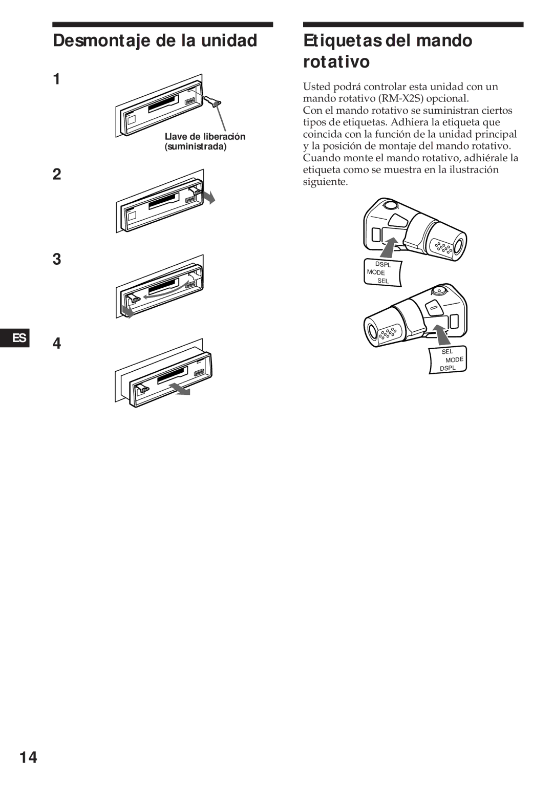 Sony XR-4740RDS operating instructions Desmontaje de la unidad, Etiquetas del mando rotativo 