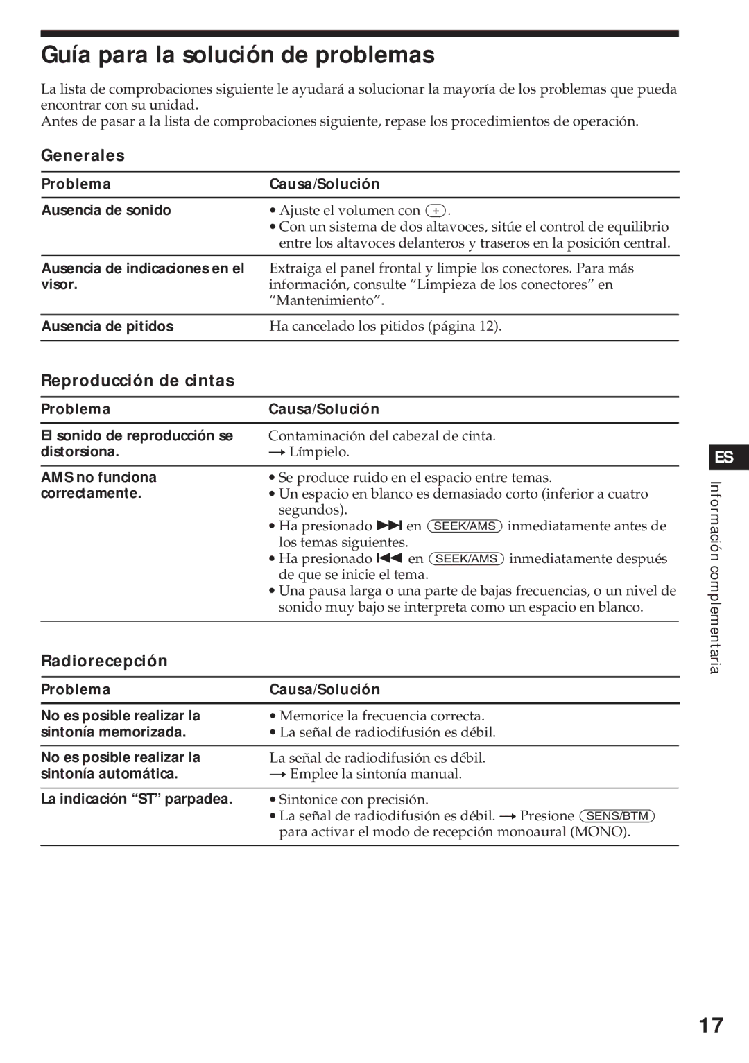 Sony XR-4740RDS operating instructions Guía para la solución de problemas, Reproducción de cintas, Radiorecepción 