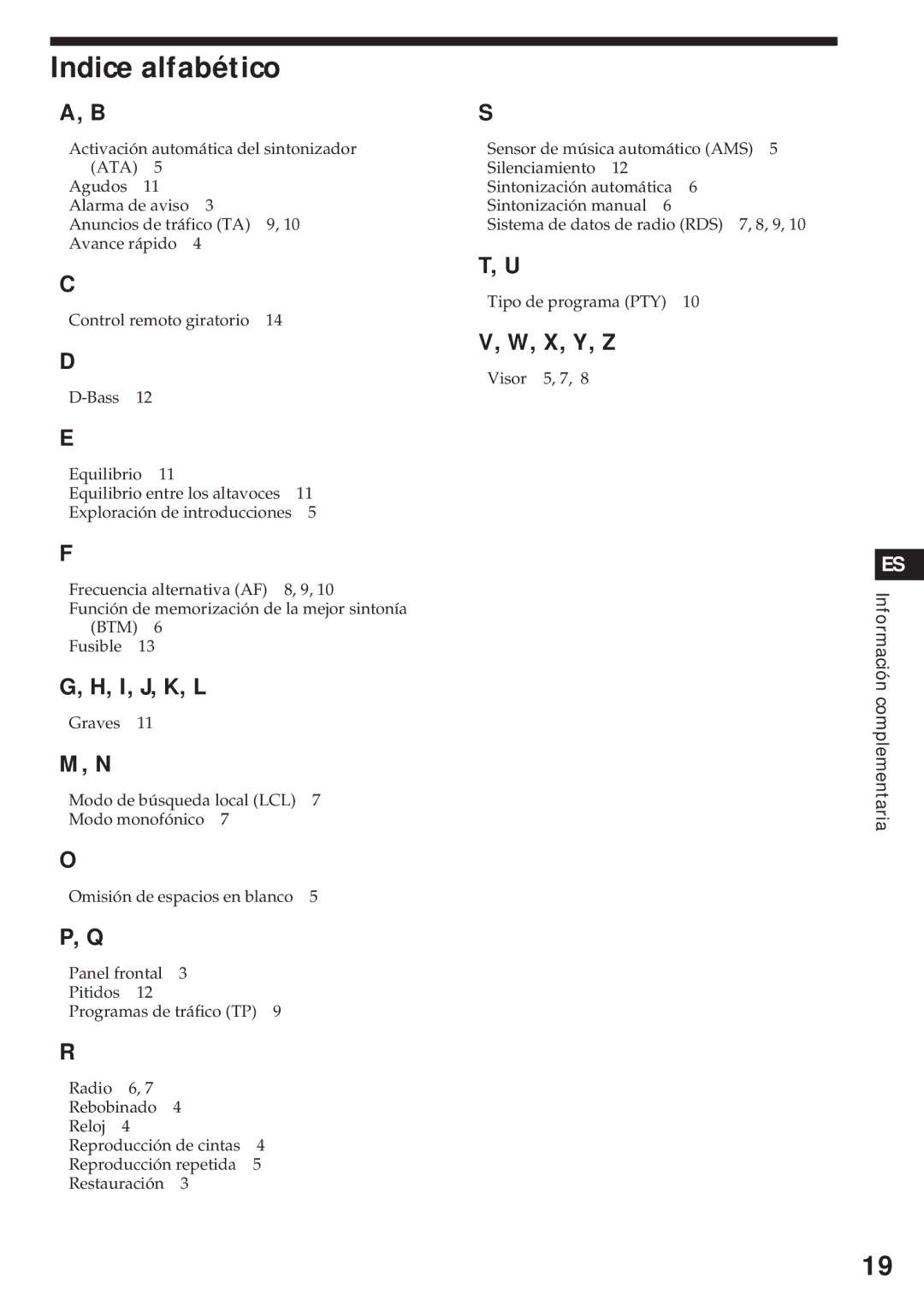 Sony XR-4740RDS operating instructions Indice alfabético, I, J, K, L, X, Y, Z 