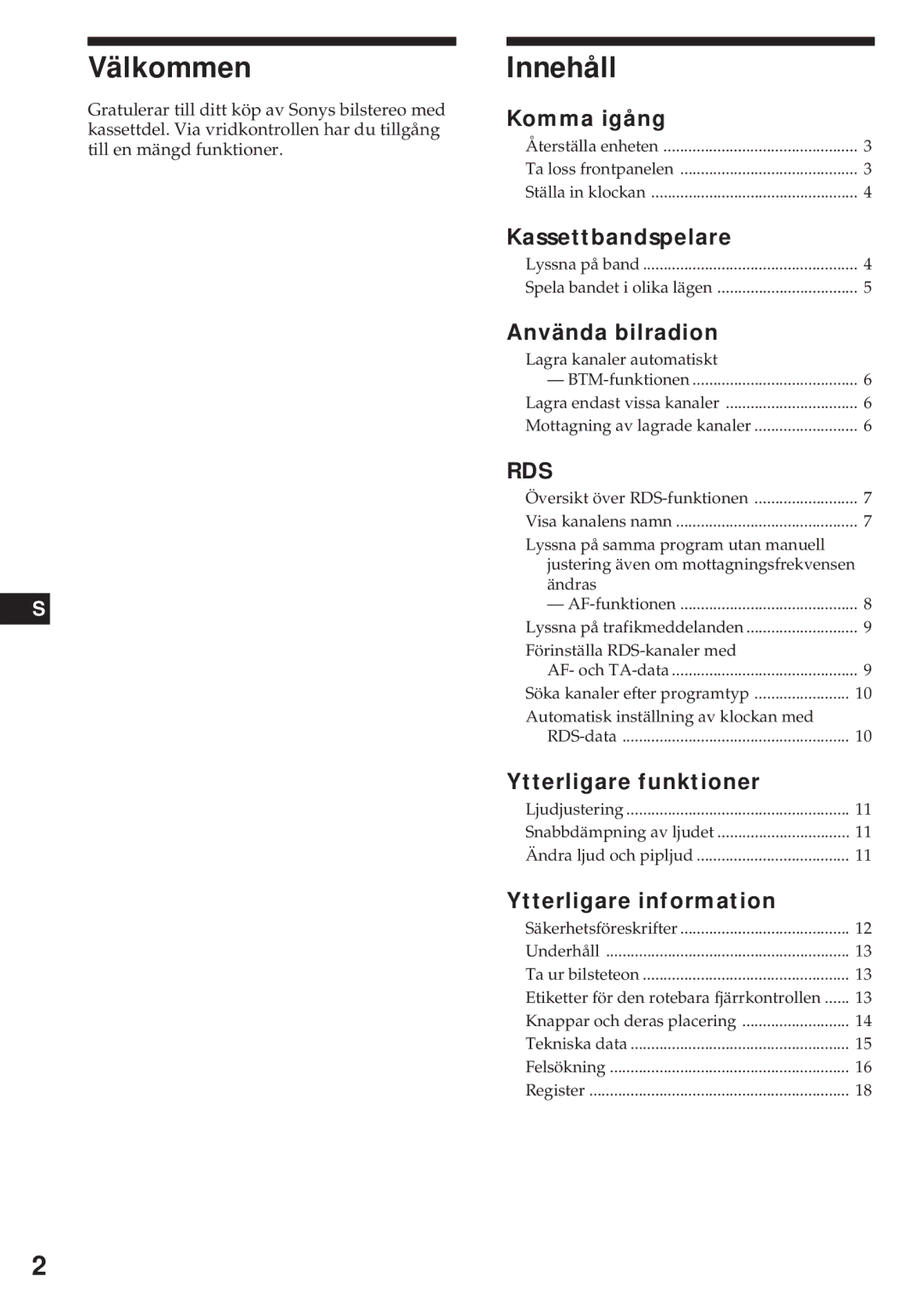 Sony XR-4740RDS operating instructions Välkommen, Innehåll 