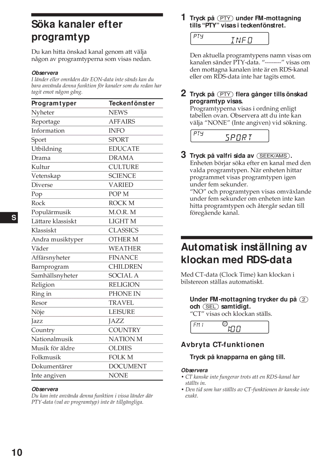 Sony XR-4740RDS Söka kanaler efter programtyp, Automatisk inställning av klockan med RDS-data, Avbryta CT-funktionen 