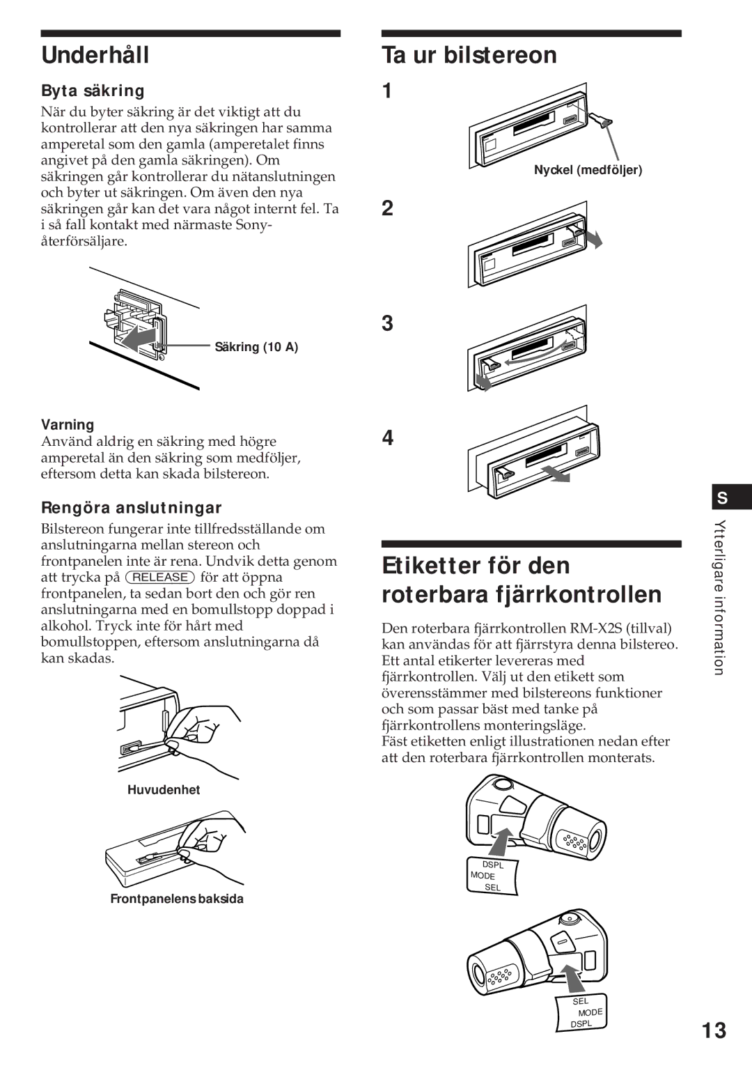 Sony XR-4740RDS Underhåll, Ta ur bilstereon, Etiketter för den roterbara fjärrkontrollen, Byta säkring 