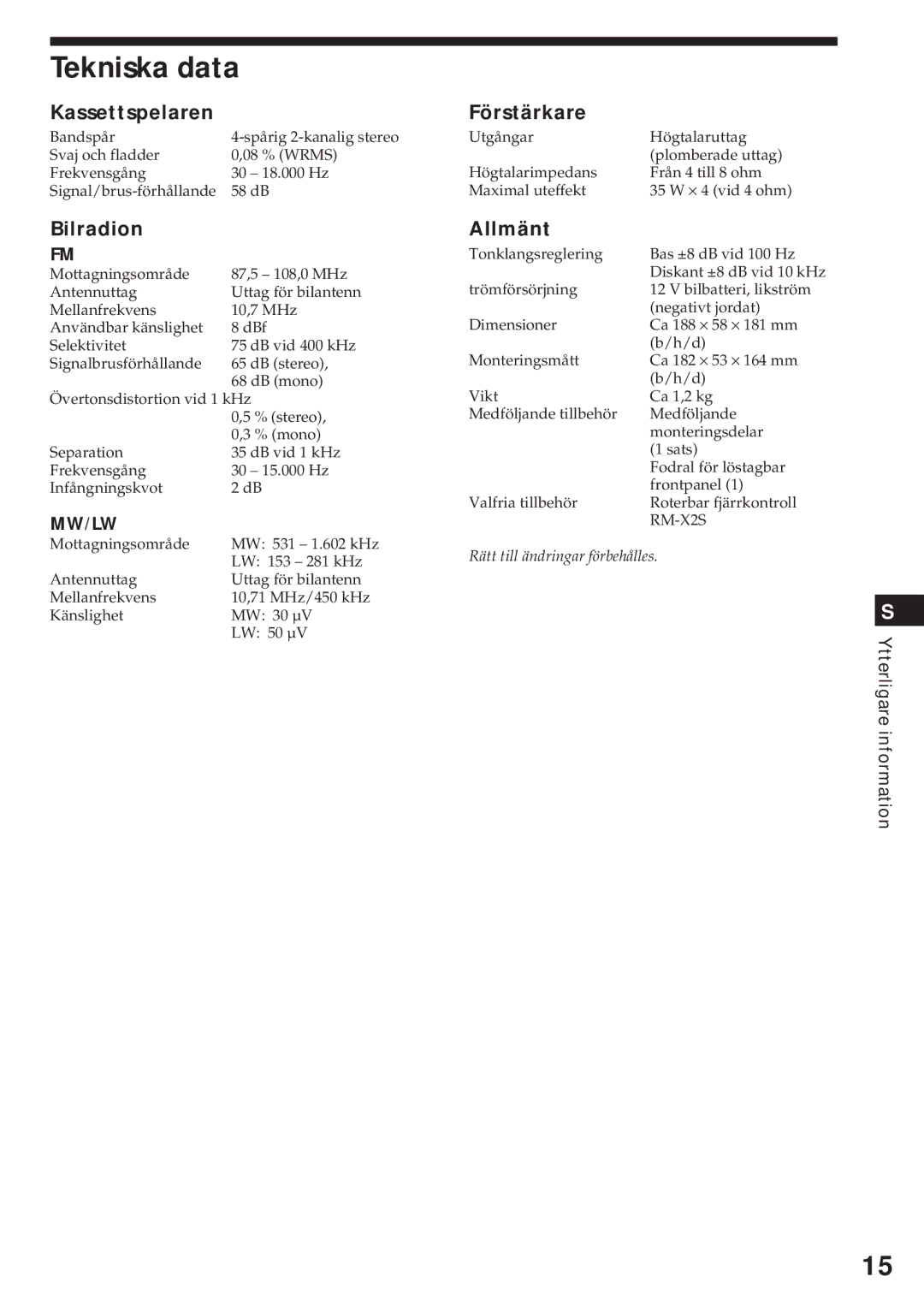 Sony XR-4740RDS operating instructions Tekniska data, Kassettspelaren, Bilradion, Förstärkare, Allmänt 