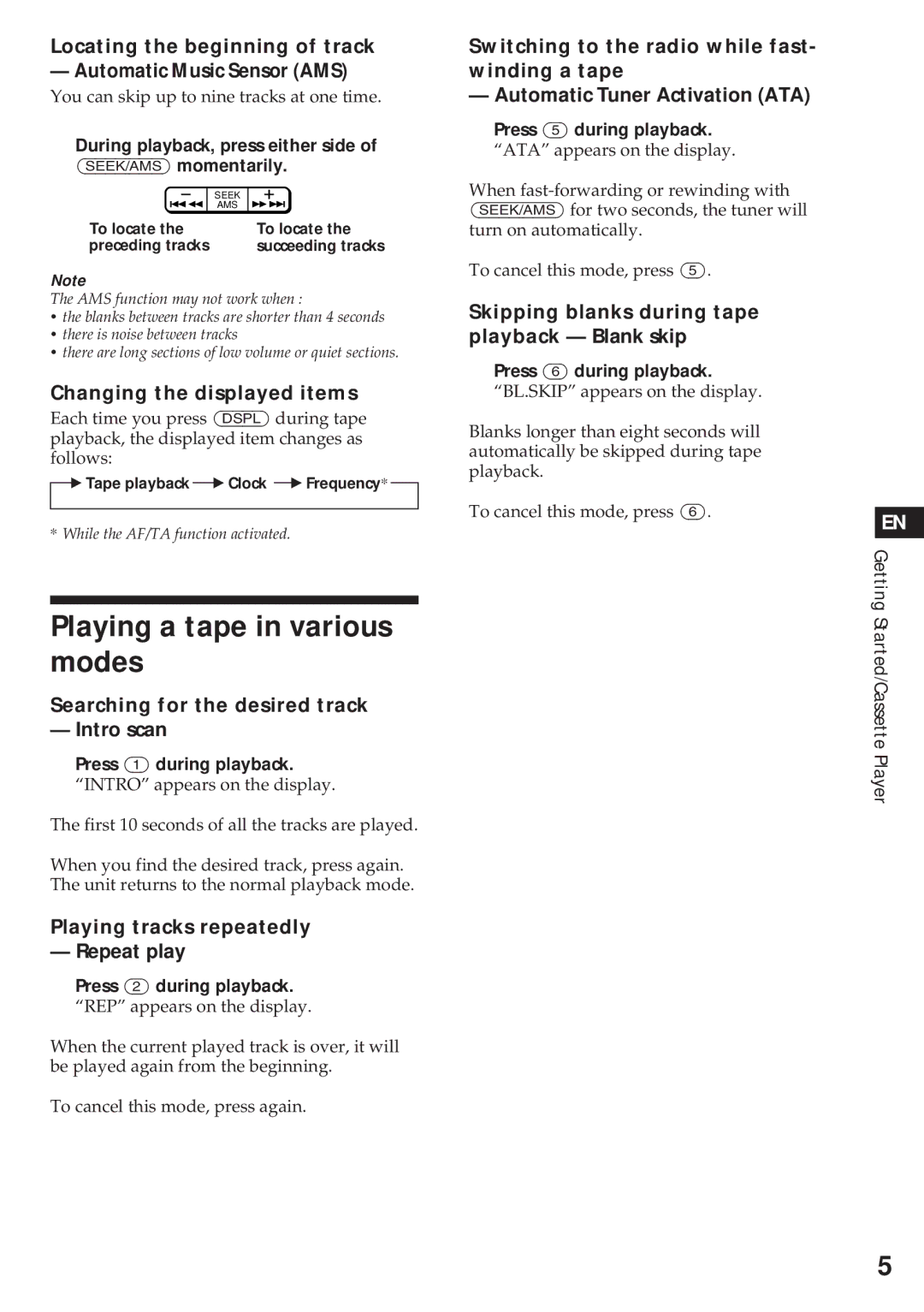 Sony XR-4740RDS operating instructions Playing a tape in various modes 