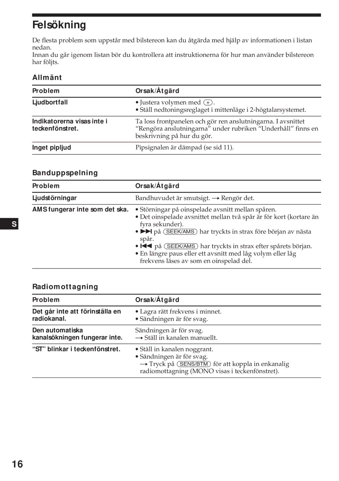 Sony XR-4740RDS operating instructions Felsökning, Banduppspelning, Radiomottagning 