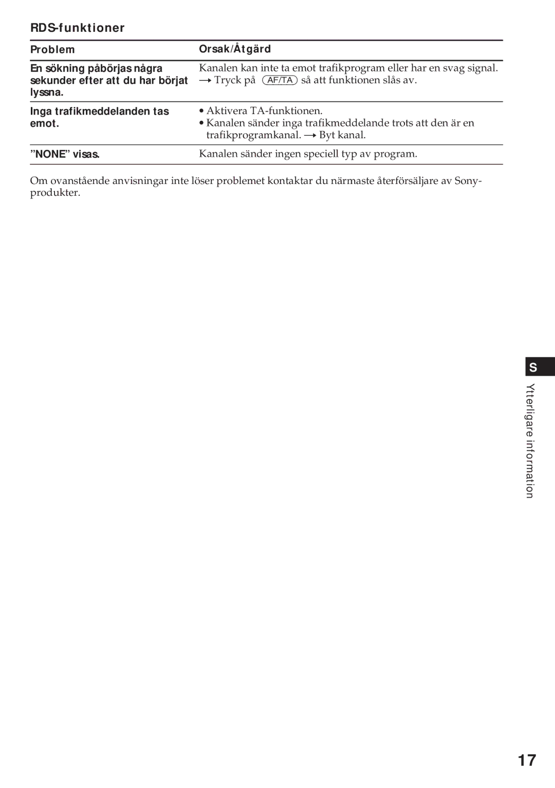 Sony XR-4740RDS RDS-funktioner, Problem Orsak/Åtgärd En sökning påbörjas några, Lyssna Inga trafikmeddelanden tas, Emot 