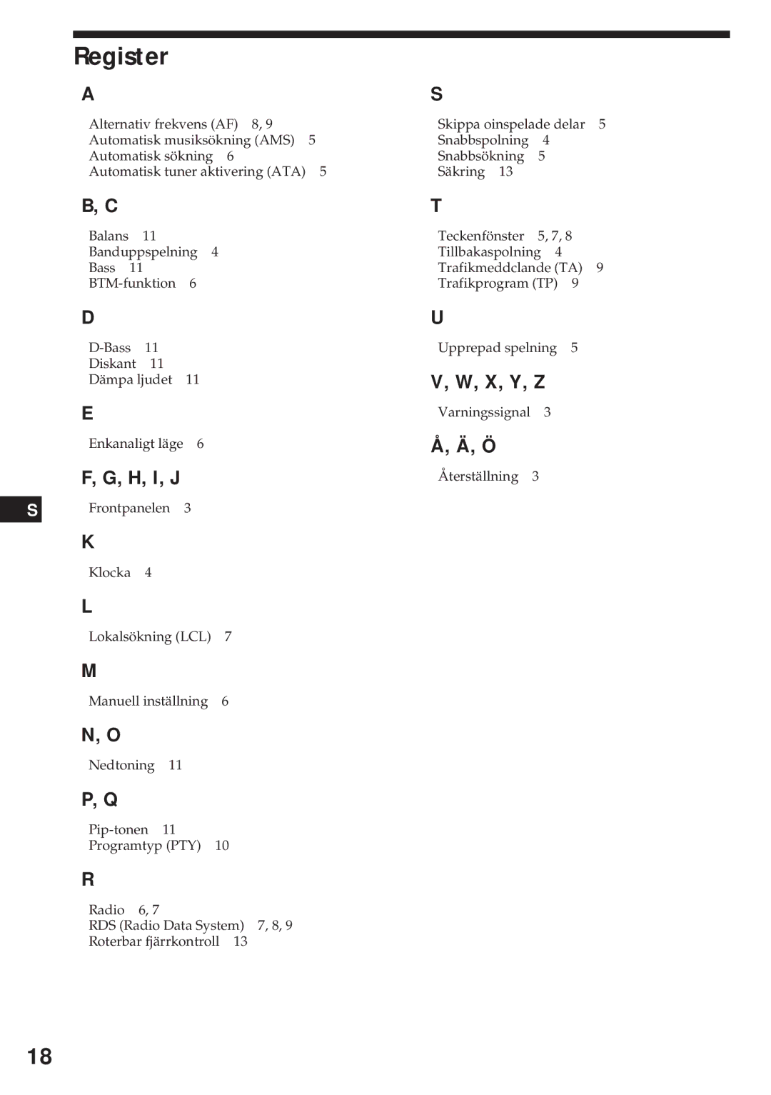 Sony XR-4740RDS operating instructions Register, H, I, J 