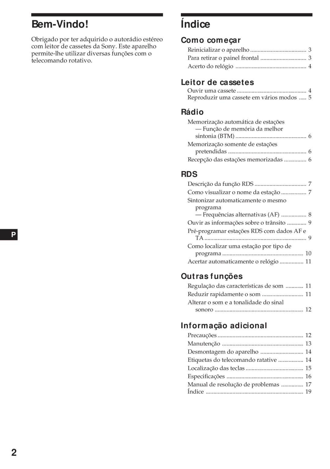 Sony XR-4740RDS operating instructions Bem-Vindo, Índice 