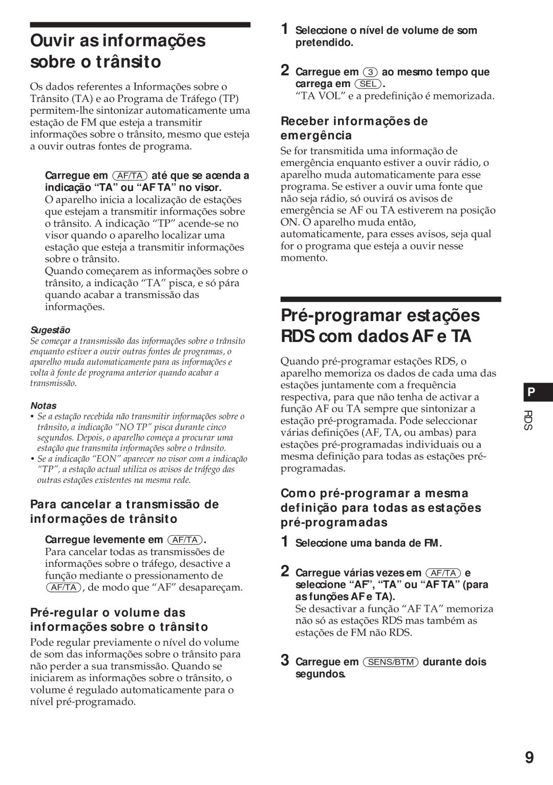 Sony XR-4740RDS operating instructions Ouvir as informações sobre o trânsito, Pré-programar estações RDS com dados AF e TA 