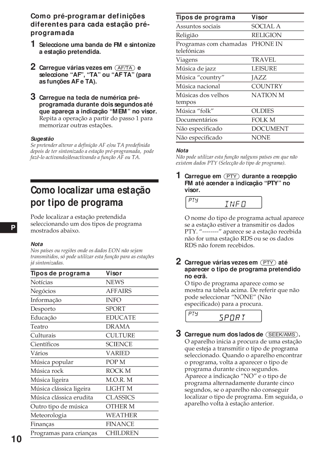 Sony XR-4740RDS operating instructions Por tipo de programa, Como localizar uma estação, Tipos de programa Visor 