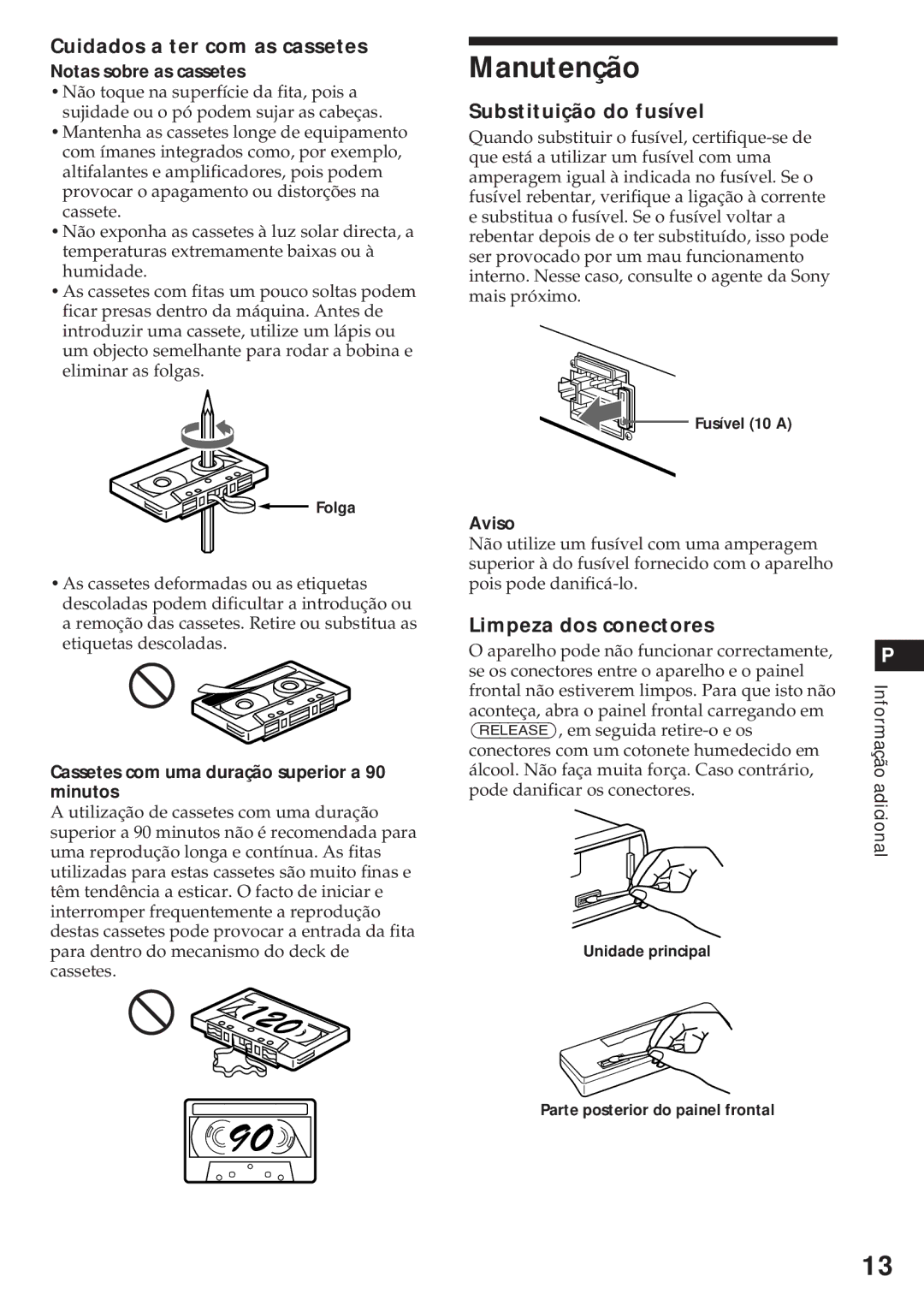 Sony XR-4740RDS Manutenção, Cuidados a ter com as cassetes, Substituição do fusível, Limpeza dos conectores 