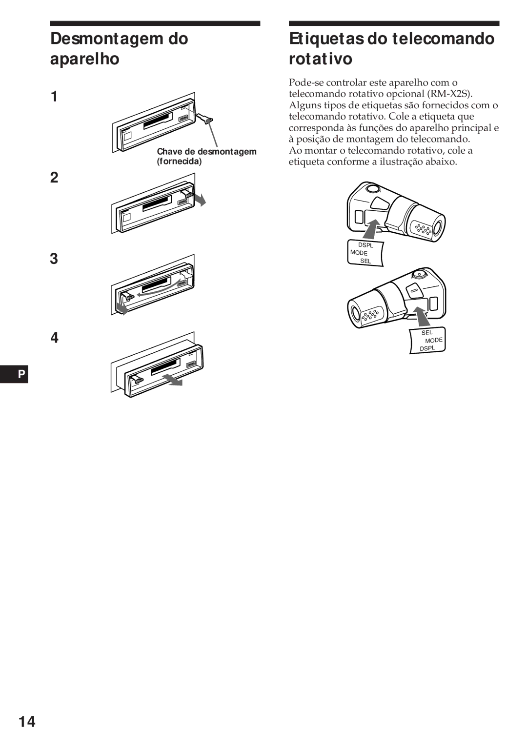 Sony XR-4740RDS operating instructions Desmontagem do aparelho, Etiquetas do telecomando rotativo 