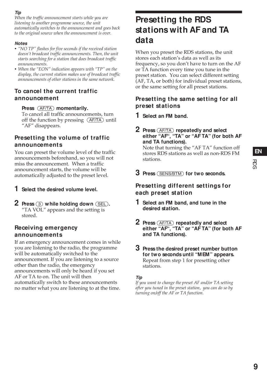 Sony XR-4740RDS operating instructions Presetting the RDS stations with AF and TA data 