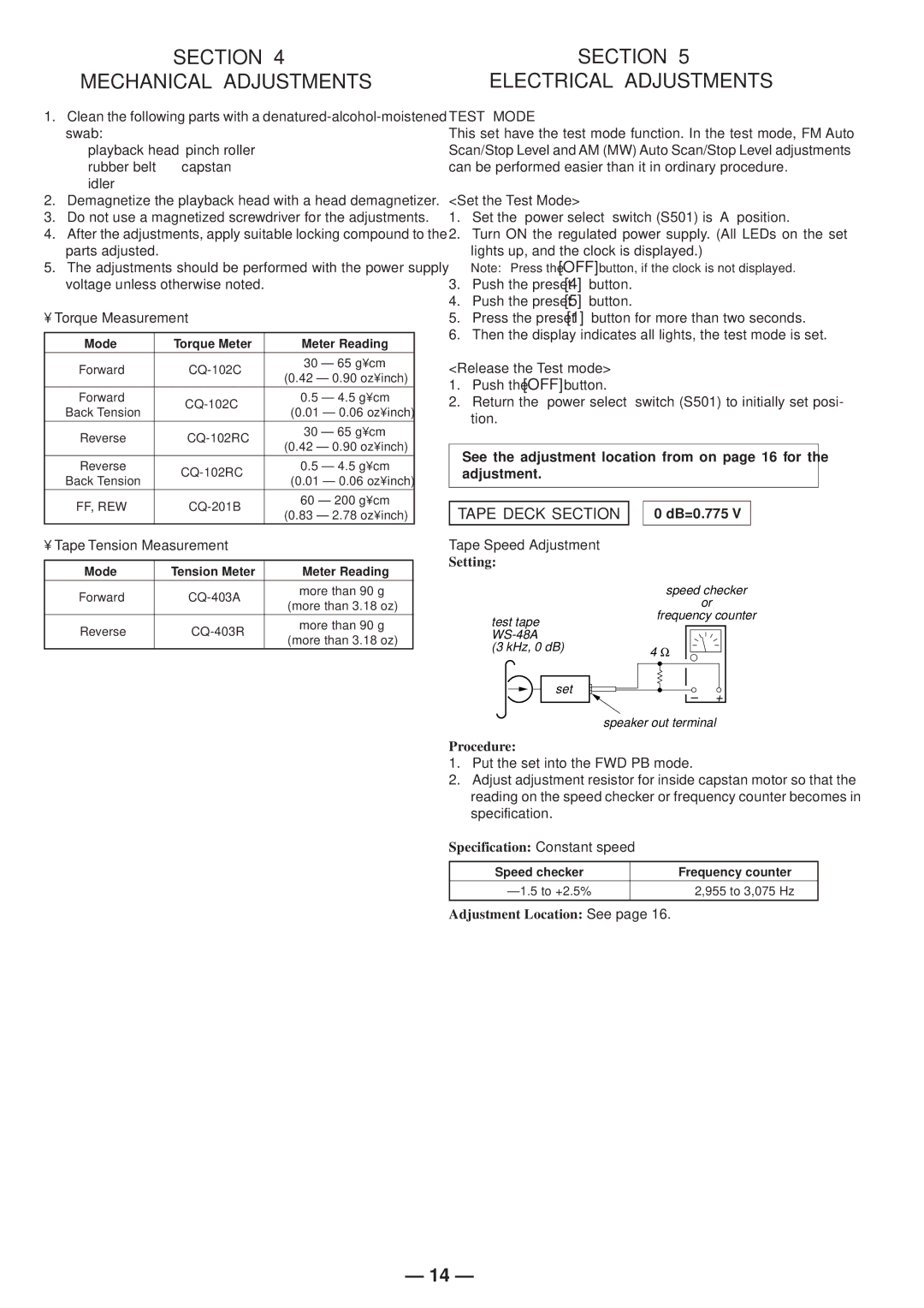 Sony XR-4803 service manual Section Mechanical Adjustments, Section Electrical Adjustments, Tape Deck dB=0.775 