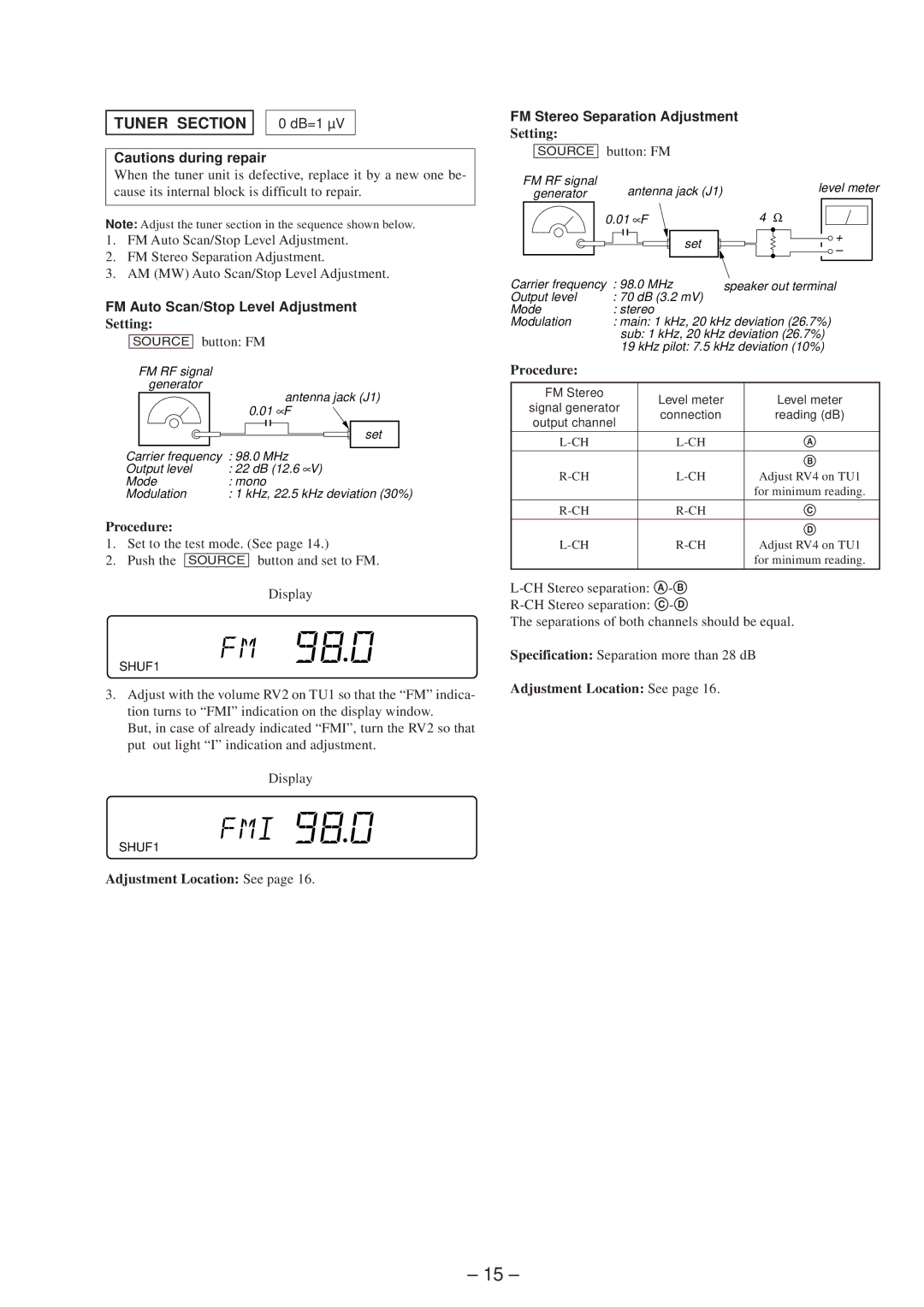 Sony XR-4803 service manual Tuner dB=1 µV, FM Auto Scan/Stop Level Adjustment 