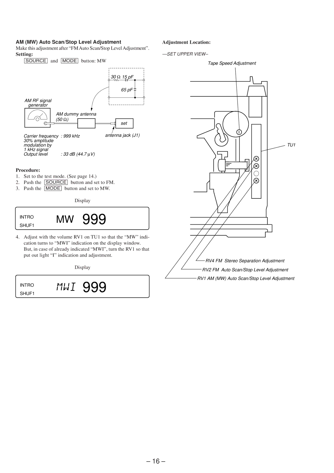 Sony XR-4803 service manual Source and Mode button MW, AM MW Auto Scan/Stop Level Adjustment 