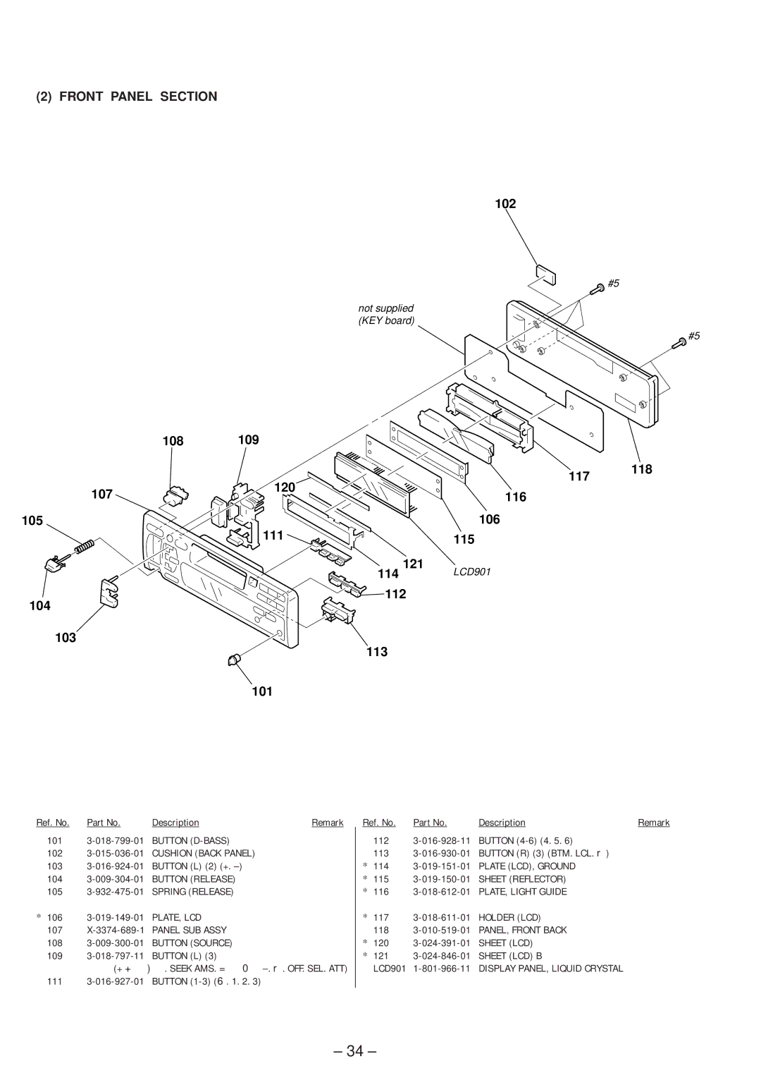 Sony XR-4803 service manual Front Panel Section, 102, 108 107 105 111 121 114 112 104 103 113 101 117 116 106 115, 118 