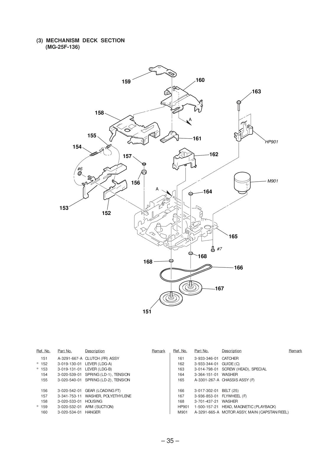 Sony XR-4803 service manual Mechanism Deck Section MG-25F-136, 159 158 155 154 157 156 153 152 168 151 160 163 161, 162 