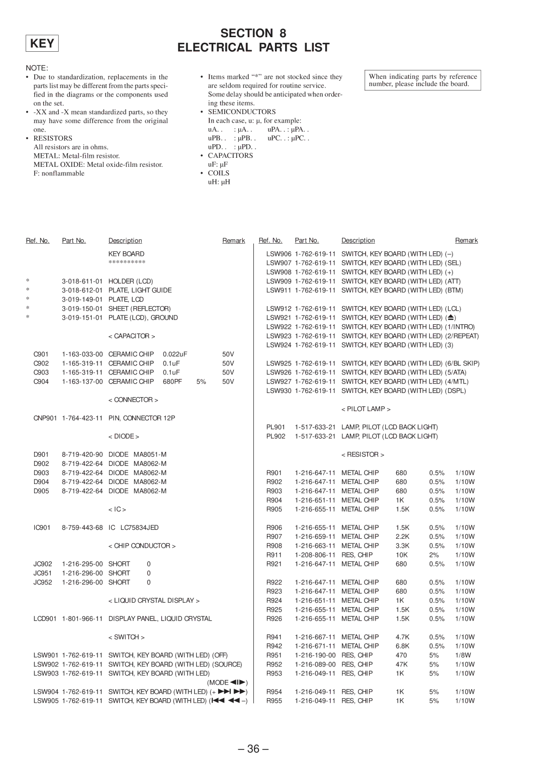 Sony XR-4803 service manual Key, Section Electrical Parts List 