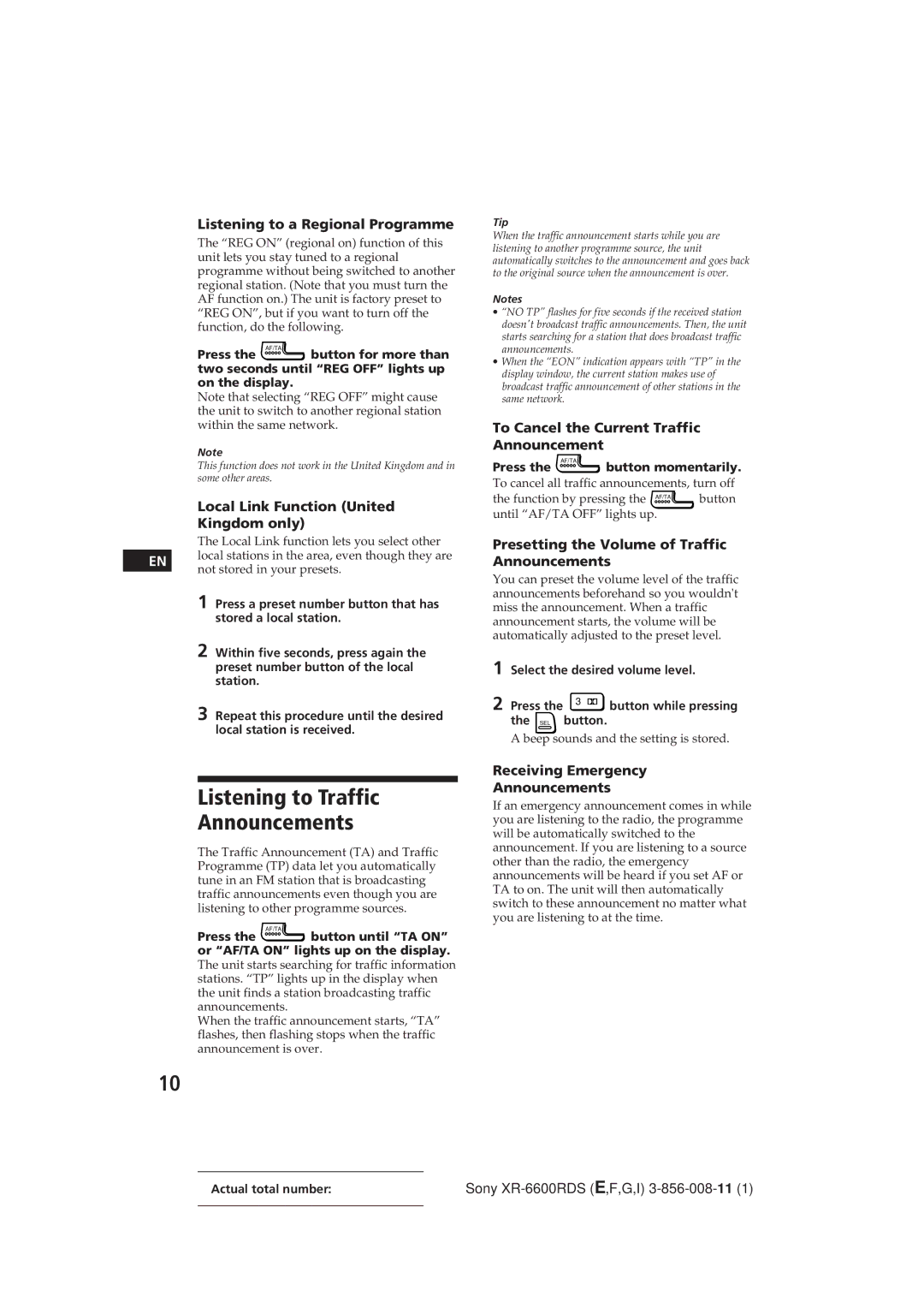 Sony XR-6600RDS operating instructions Listening to Traffic Announcements 