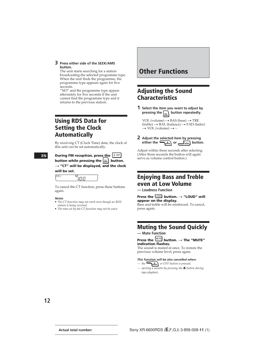 Sony XR-6600RDS Other Functions, Using RDS Data for Setting the Clock Automatically, Muting the Sound Quickly 