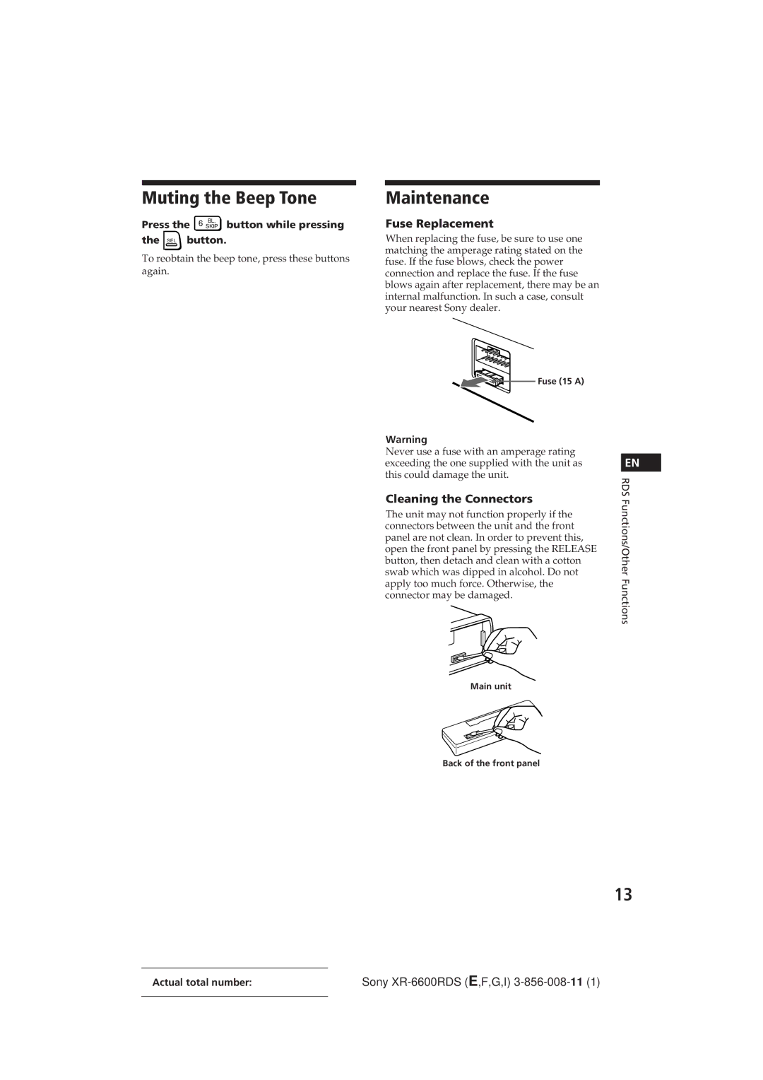 Sony XR-6600RDS operating instructions Muting the Beep Tone, Maintenance, Fuse Replacement, Cleaning the Connectors 