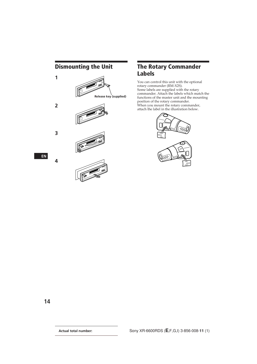 Sony XR-6600RDS operating instructions Dismounting the Unit, Rotary Commander Labels 