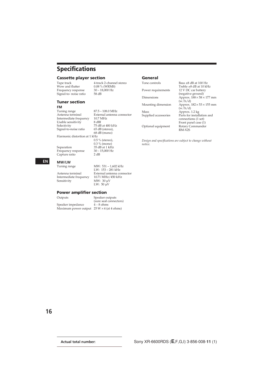 Sony XR-6600RDS operating instructions Specifications, Power amplifier section, Mw/Lw 