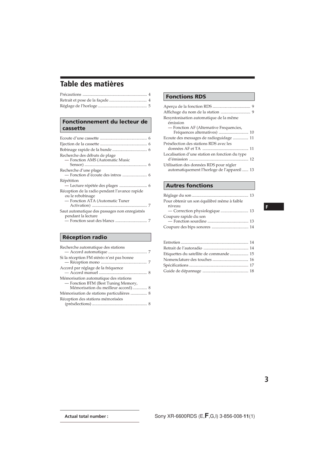 Sony XR-6600RDS operating instructions Table des matières, Fonctionnement du lecteur de Cassette 