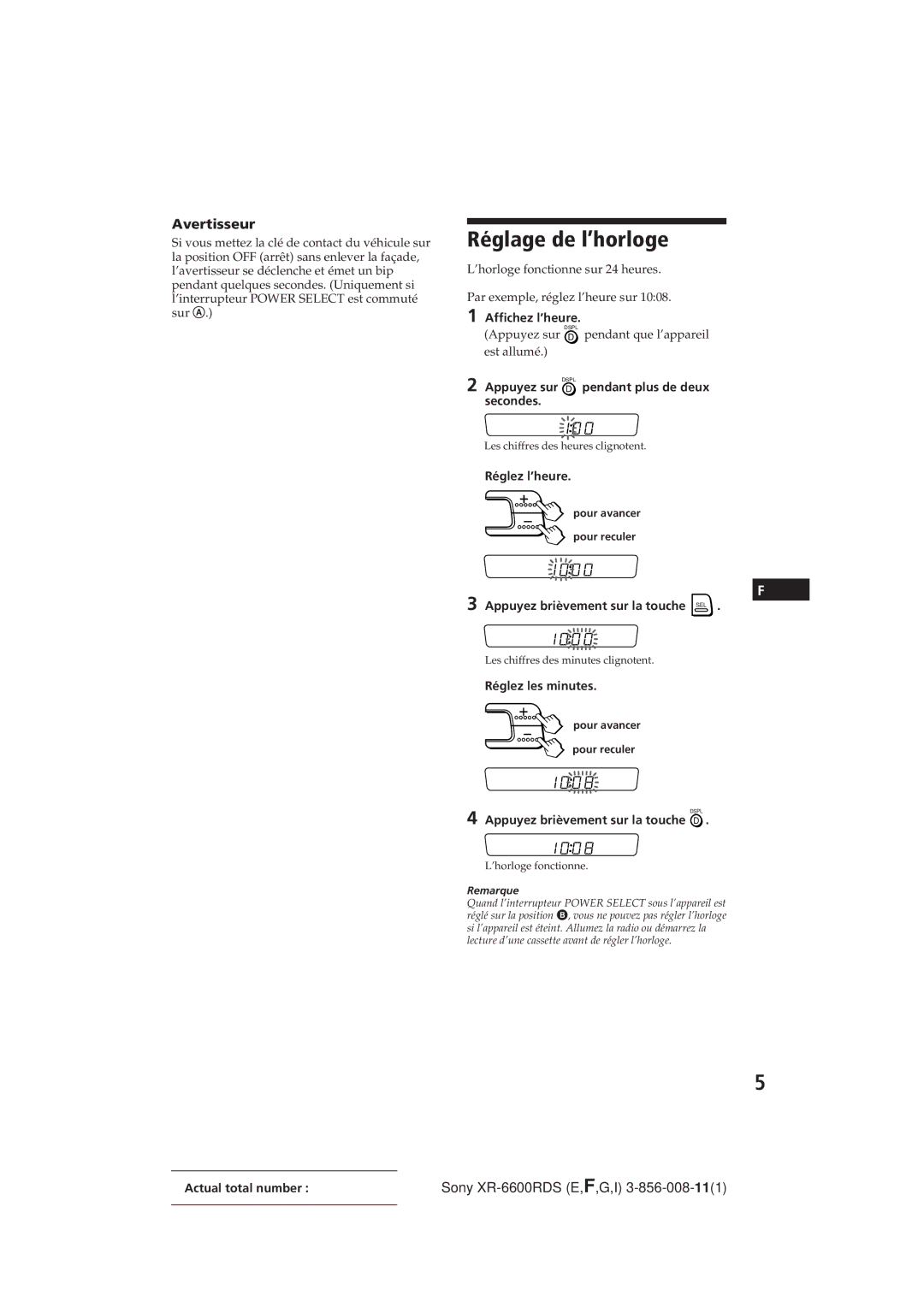 Sony XR-6600RDS operating instructions Réglage de l’horloge, Avertisseur 