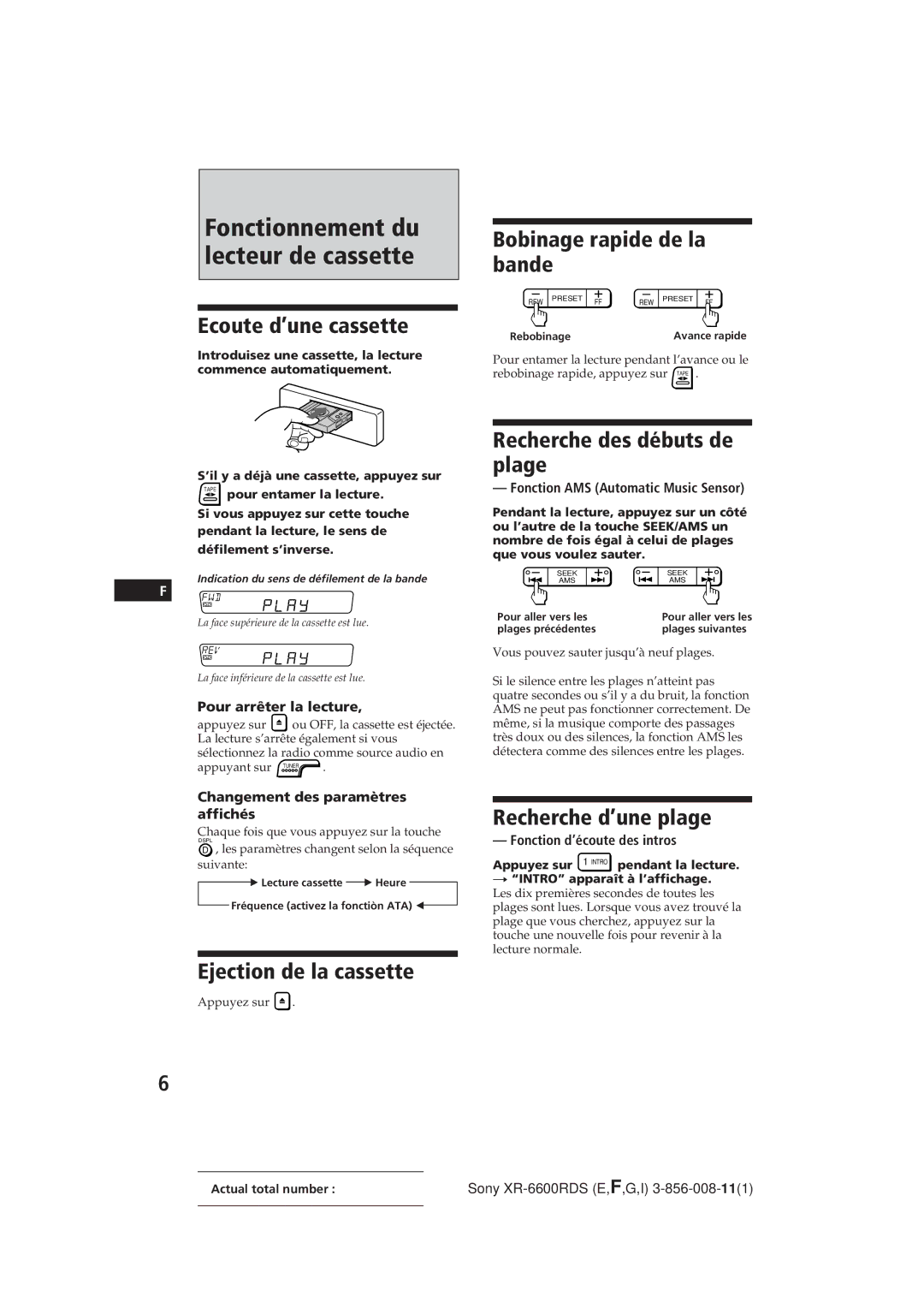 Sony XR-6600RDS Ecoute d’une cassette, Ejection de la cassette, Bobinage rapide de la bande, Recherche des débuts de plage 