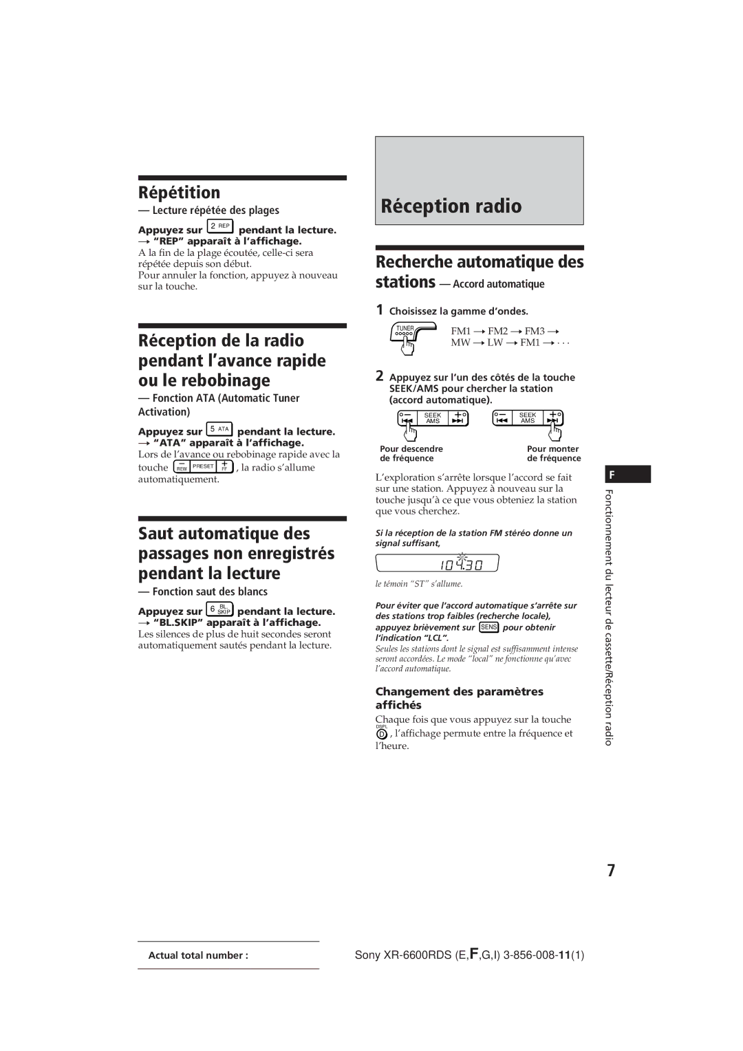 Sony XR-6600RDS operating instructions Réception radio, Répétition 