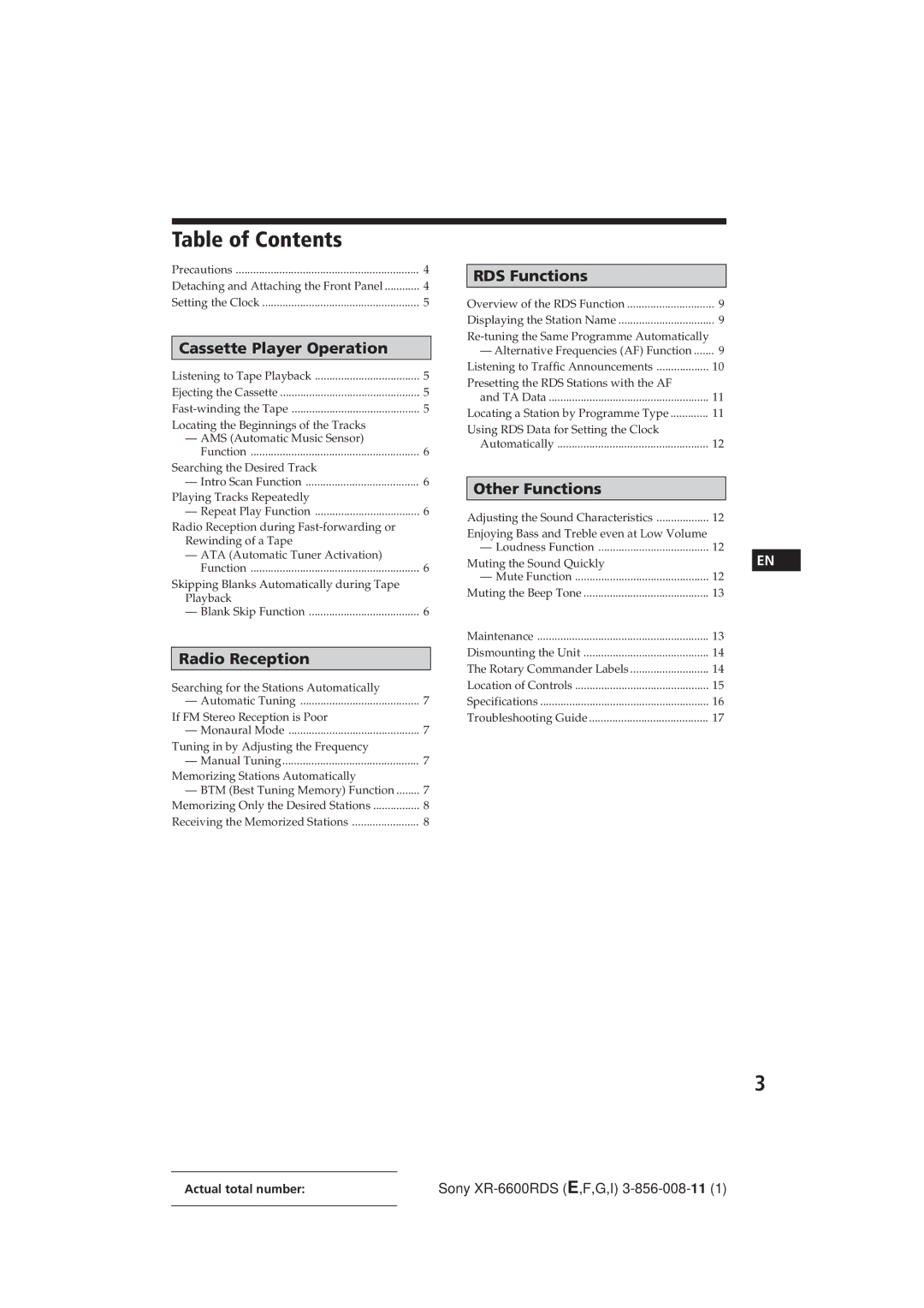 Sony XR-6600RDS operating instructions Table of Contents 