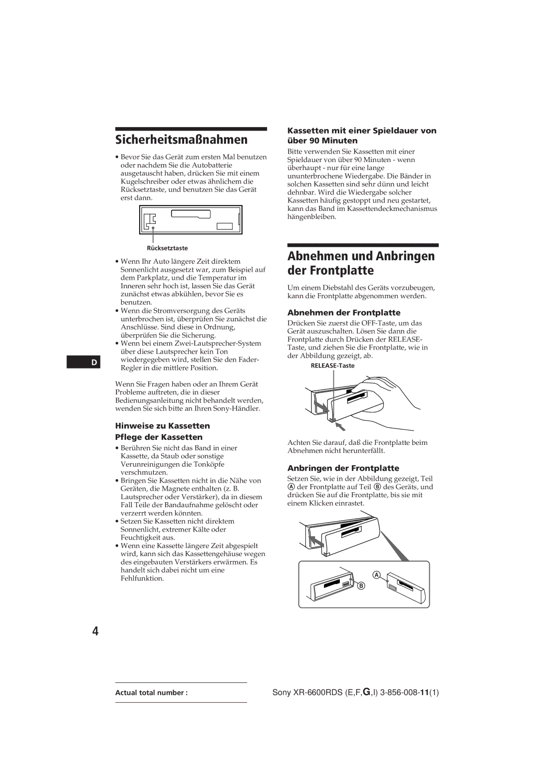 Sony XR-6600RDS operating instructions Sicherheitsmaßnahmen, Abnehmen und Anbringen der Frontplatte 