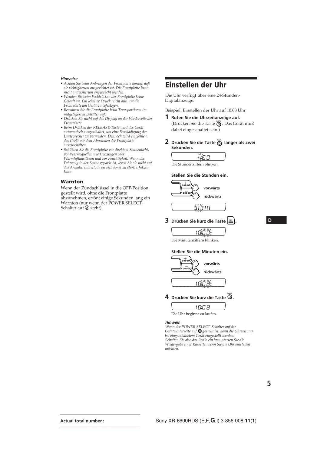 Sony XR-6600RDS operating instructions Einstellen der Uhr, Warnton 