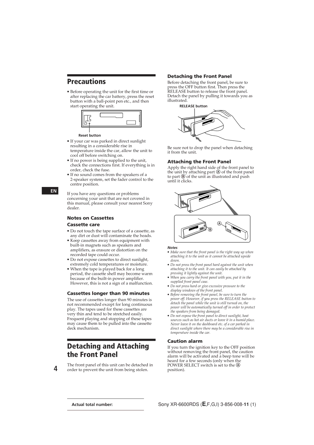 Sony XR-6600RDS operating instructions Precautions, Detaching and Attaching the Front Panel 