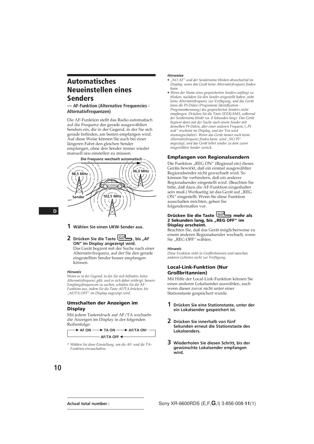 Sony XR-6600RDS Automatisches Neueinstellen eines Senders, AF-Funktion Alternative Frequencies Alternativfrequenzen 