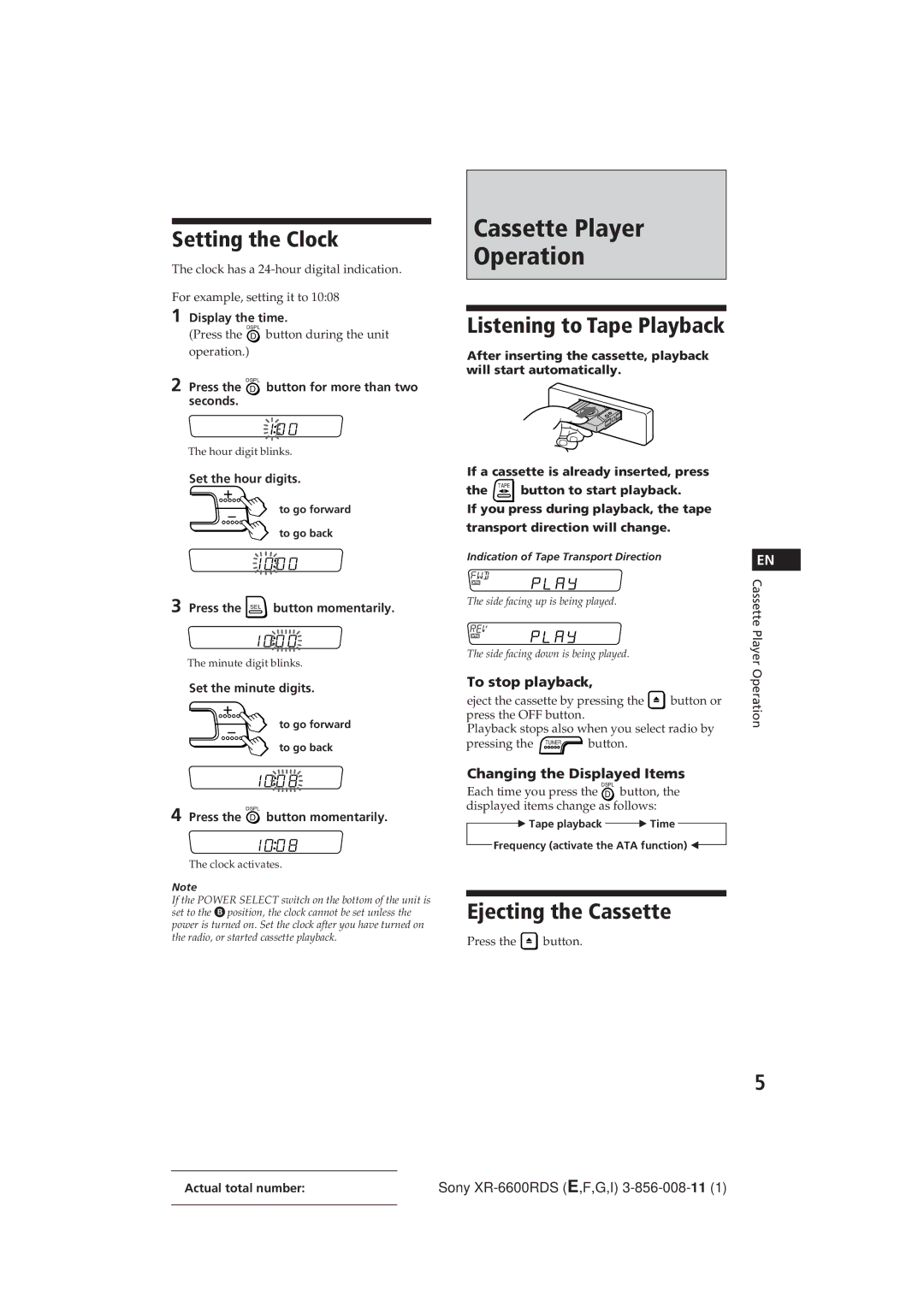 Sony XR-6600RDS Cassette Player Operation, Setting the Clock, Listening to Tape Playback, Ejecting the Cassette 