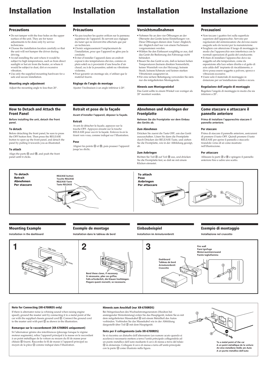 Sony XR-6690RDS Precautions, Précautions, Vorsichtsmaßnahmen, Precauzioni, How to Detach and Attach the Front Panel 