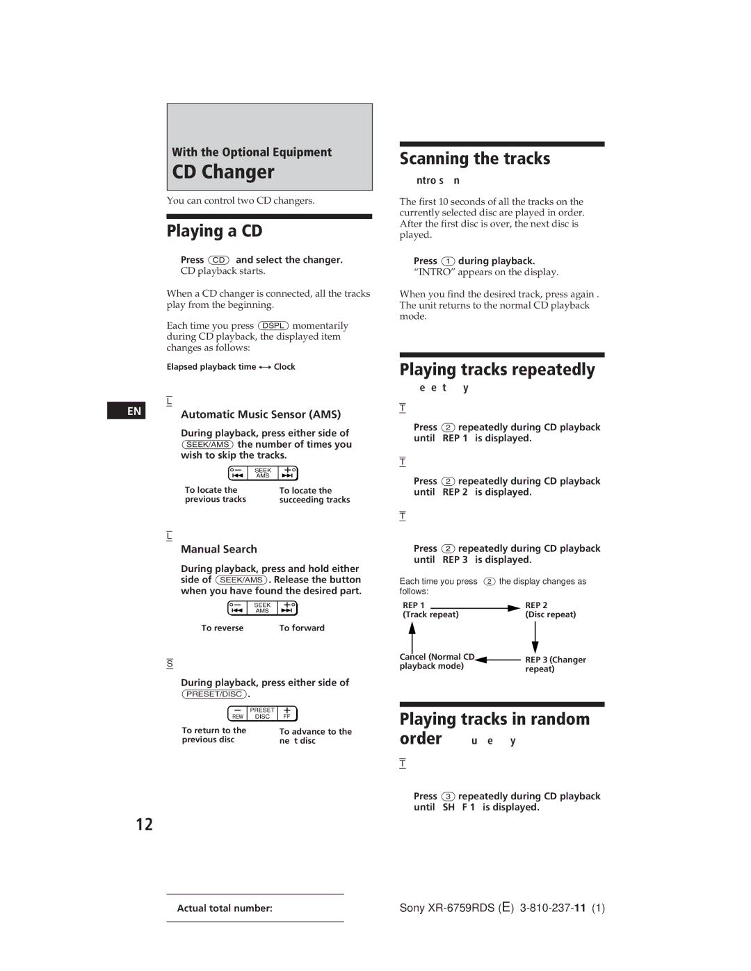 Sony XR-6759RDS CD Changer, Playing a CD, Scanning the tracks, Playing tracks repeatedly, Playing tracks in random 