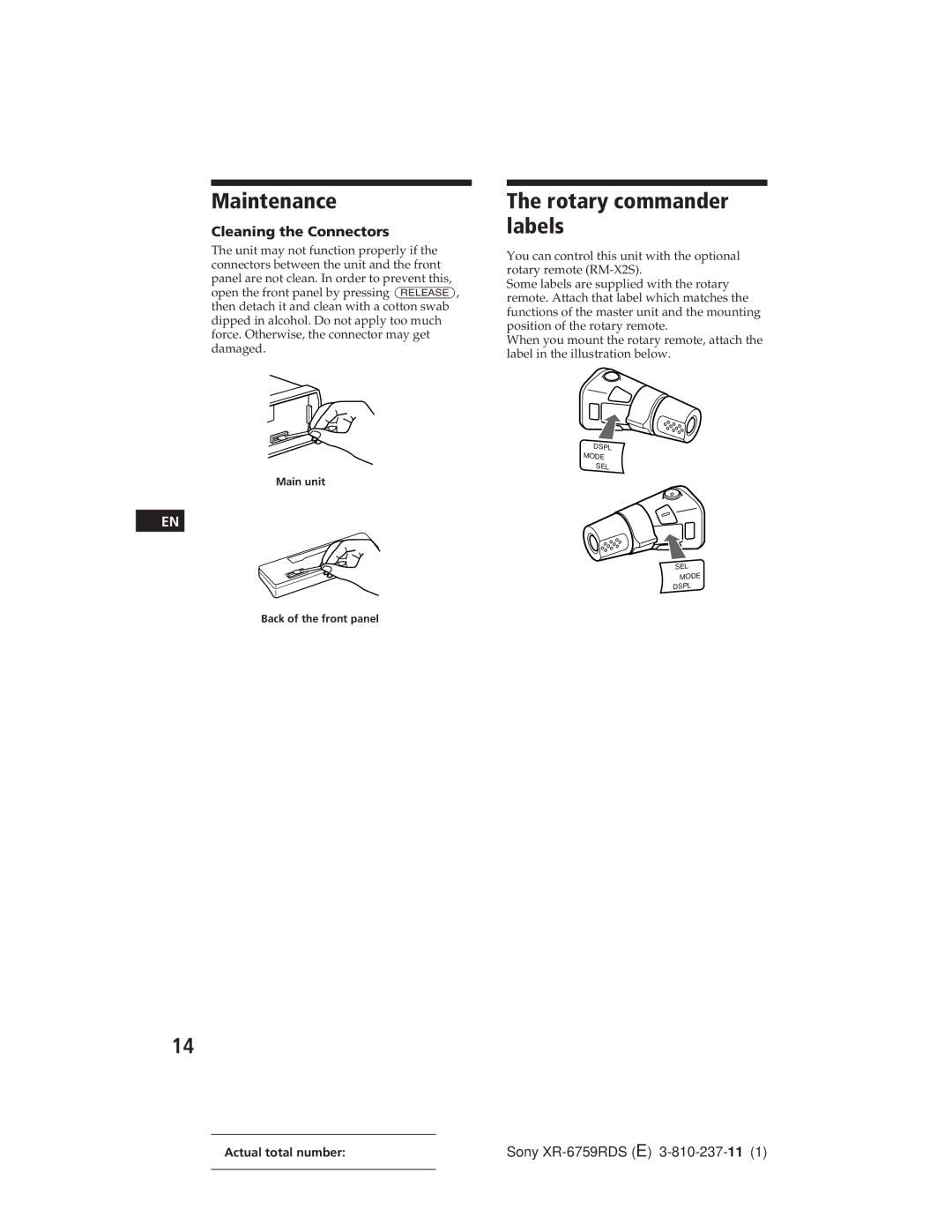 Sony XR-6759RDS operating instructions Maintenance, Rotary commander labels, Cleaning the Connectors 