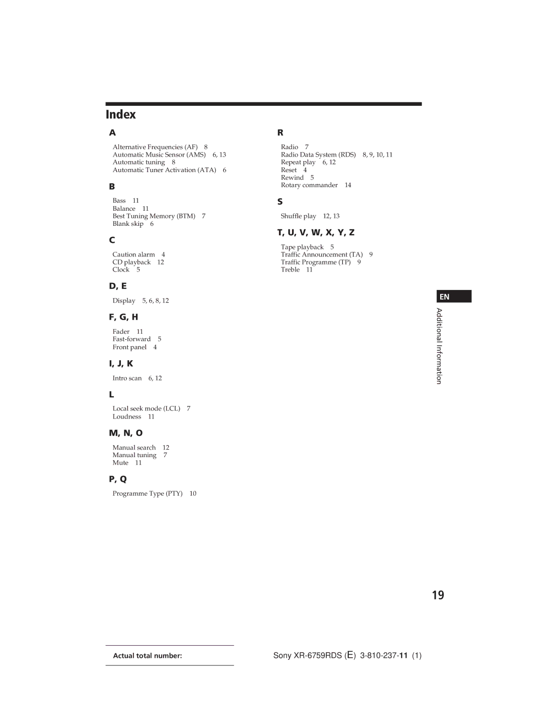 Sony XR-6759RDS operating instructions Index, V, W, X, Y, Z 