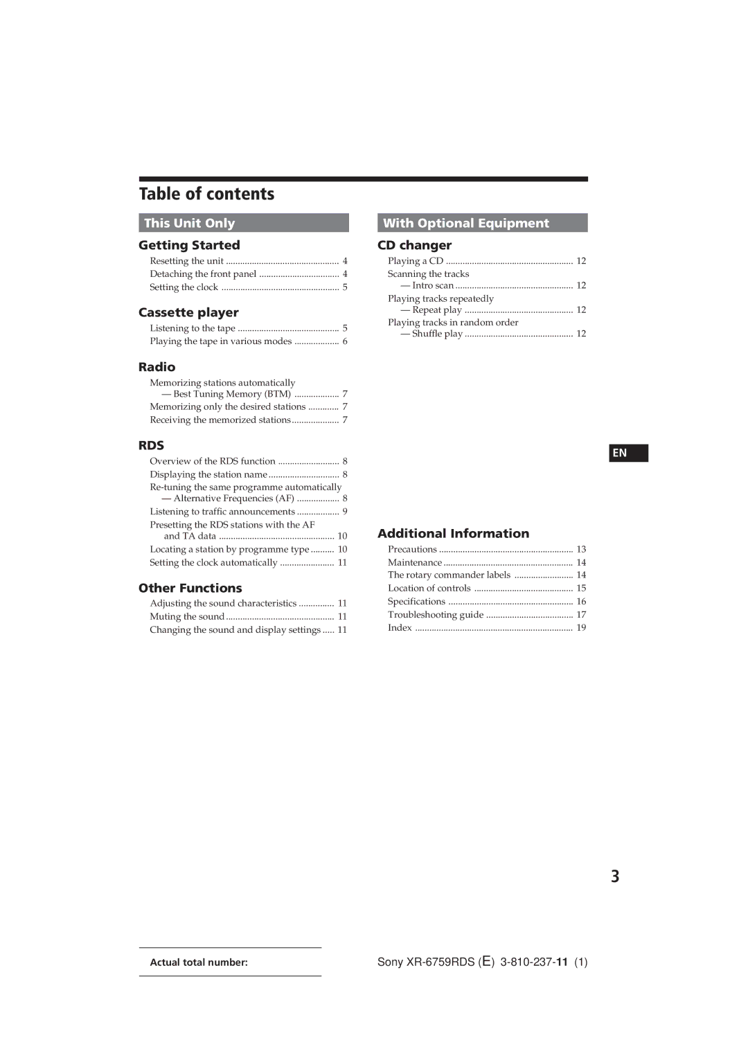 Sony XR-6759RDS operating instructions Table of contents 