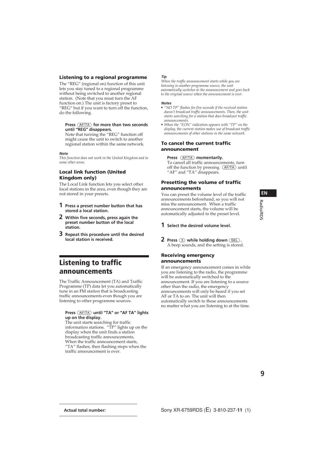 Sony XR-6759RDS operating instructions Listening to a regional programme, Local link function United Kingdom only 